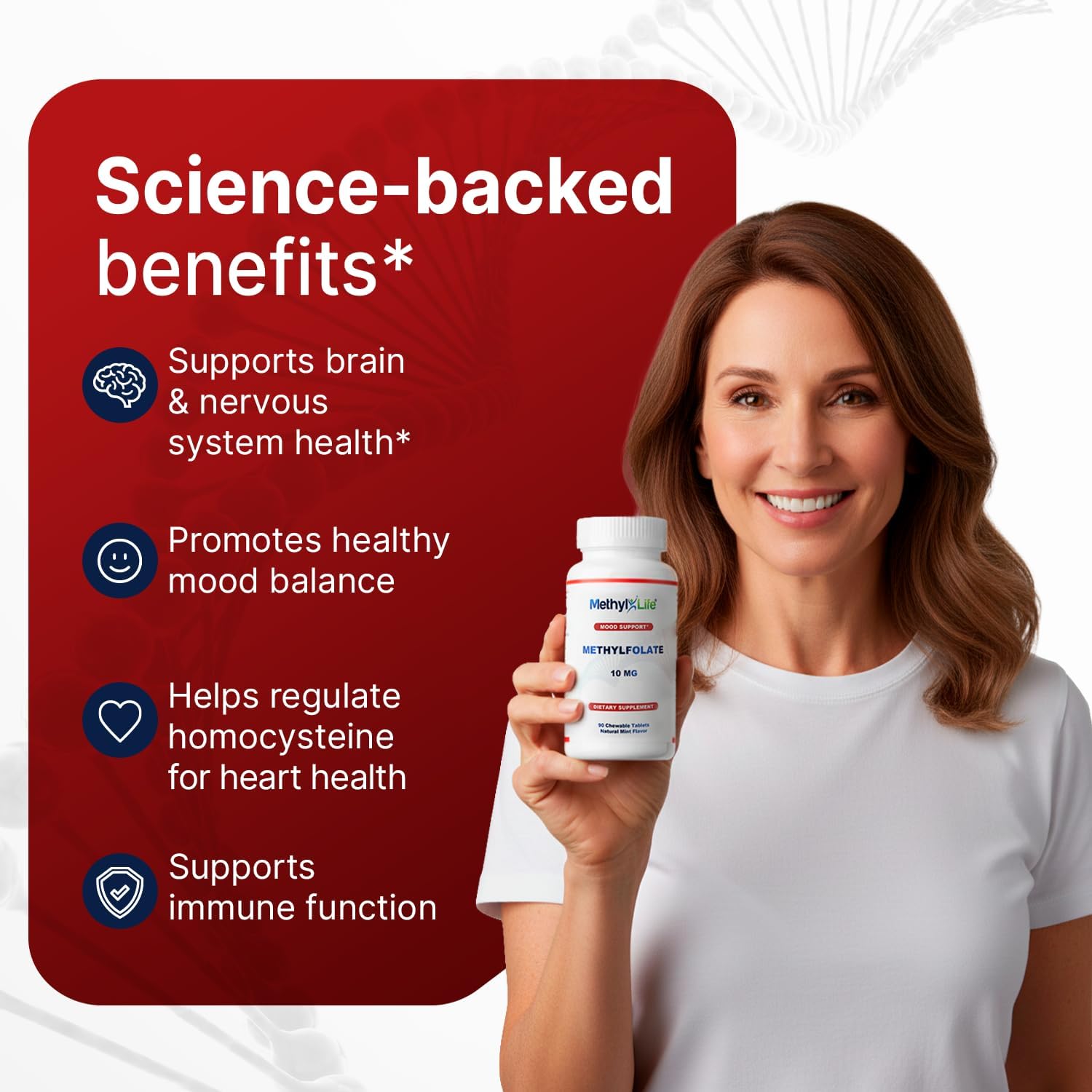 Methyl-Life® L-Methylfolate 10 mg - Chewable Active Folate Tablets with ultrapure Form of Cerebrofolate® (L-5-MTHF, Calcium) | Vegan, Non-GMO, Gluten-Free | 90 Chewable Tablet - Image 4