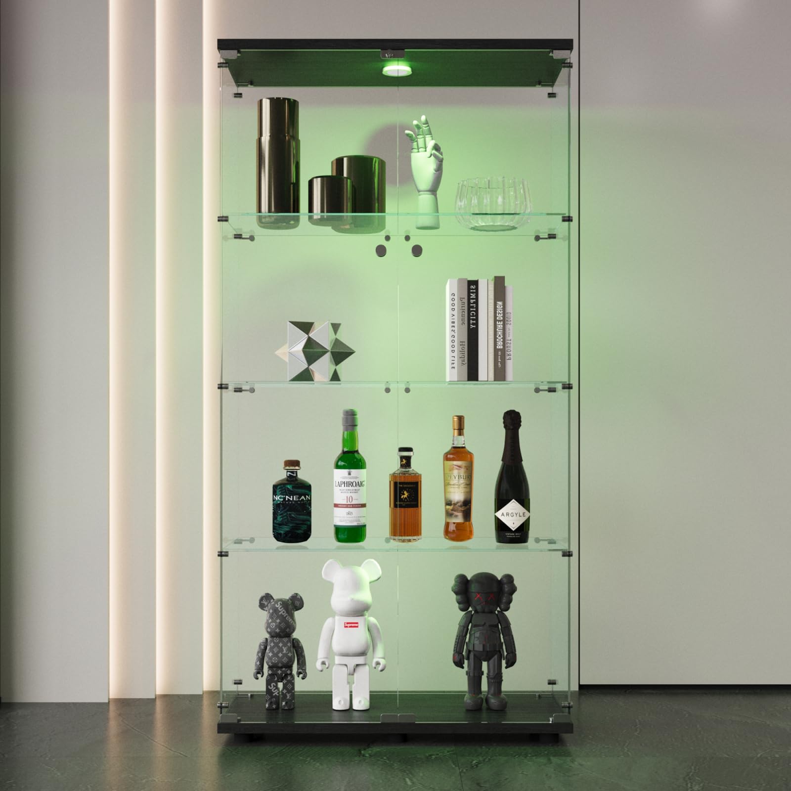 Vitrina de cristal con LED, Vitrina de cristal templado, 4 estantes de cristal, con 2 puertas y candado, vitrinas para figuras de armario, para salón, oficina, objetos de colección (Negro +