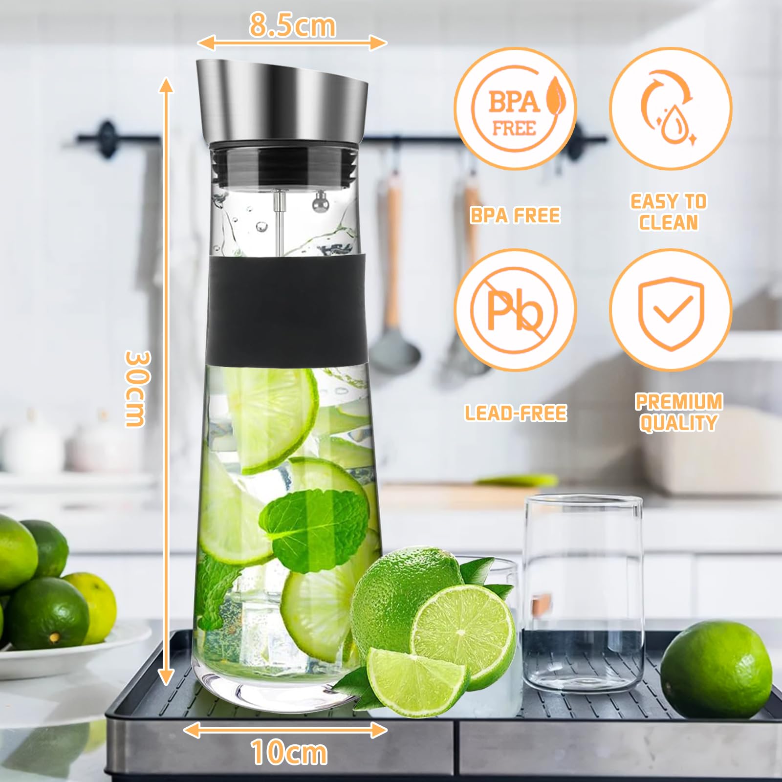 Caraffa Vetro,1.2 Litri Brocca con Spiedo per Frutta,Brocca per Acqua in Vetro Coperchio Inox per Succo Caldo Freddo,Bevande ghiacciate,tè,Latte,caffè e Vino Rosso