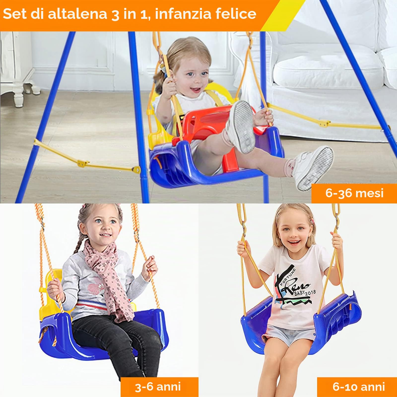 FUNLIO 3-in-1 Altalena per Bambini & 4 Sacchi di Sabbia, Resistente per Cortile, Altalena per Bambini Indoor/Outdoor, Supporto in Metallo Pieghevole e Istruzioni Chiare, Facile da Montare e Conservare