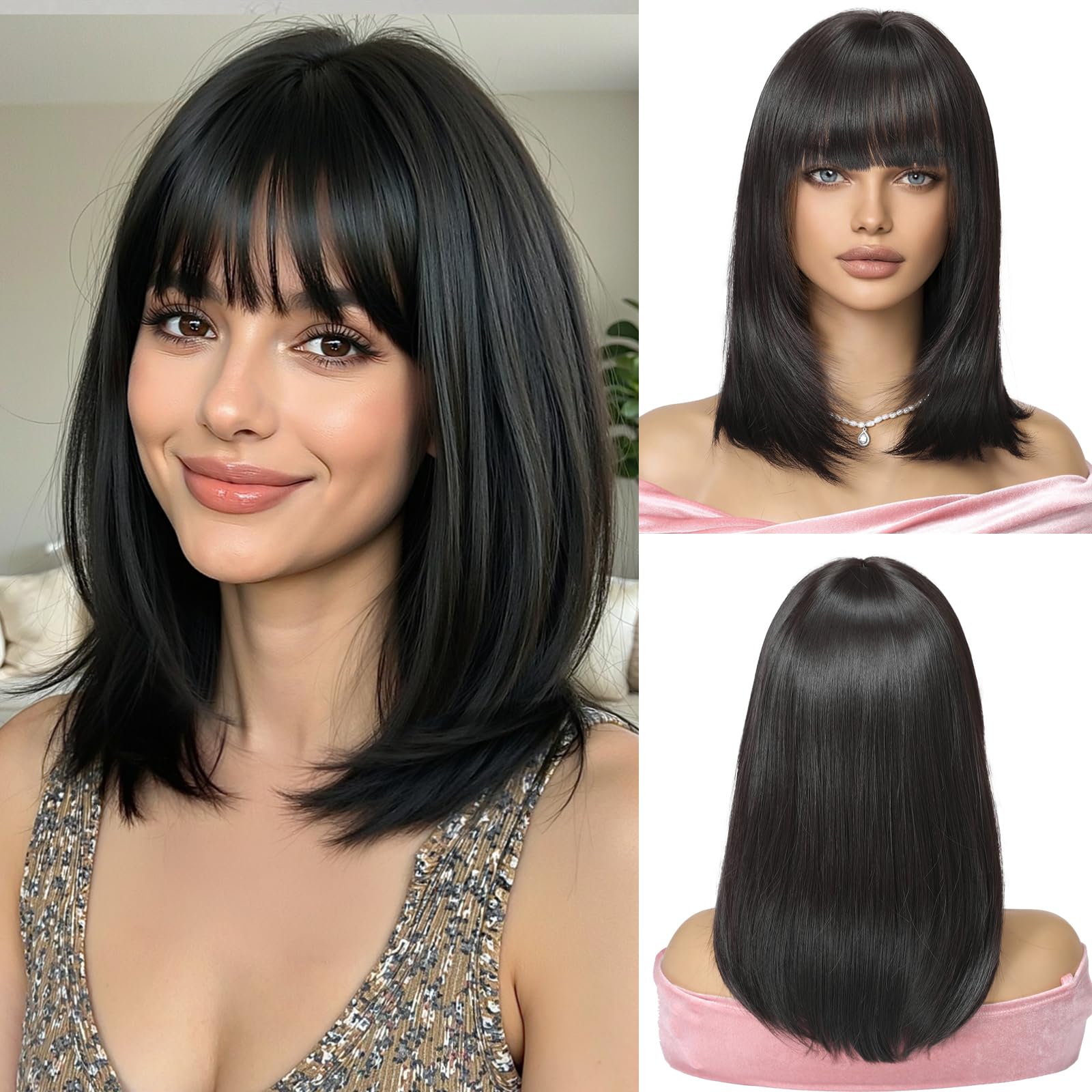Parrucca Bob Nero con Frangetta Parrucca Corta Dritta per Le Donne Parrucche Di Capelli Sintetici per La Festa Quotidiana Cosplay Indossare