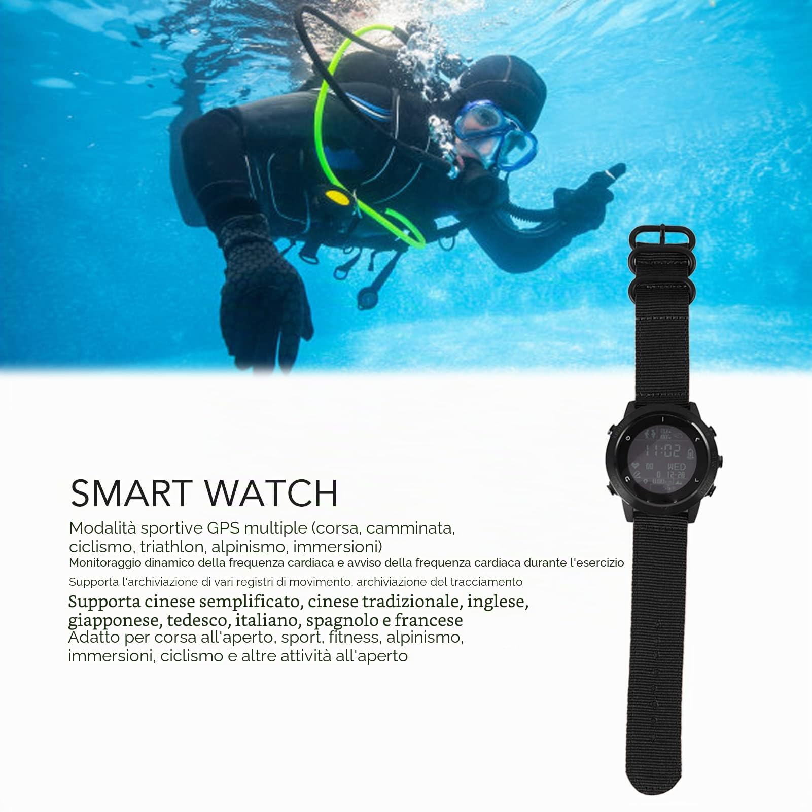 Orologio da uomo Smartwatch sportivo orologio subacqueo con GPS, altimetro, barometro, bussola, sveglia, orologio fitness impermeabile 10 ATM