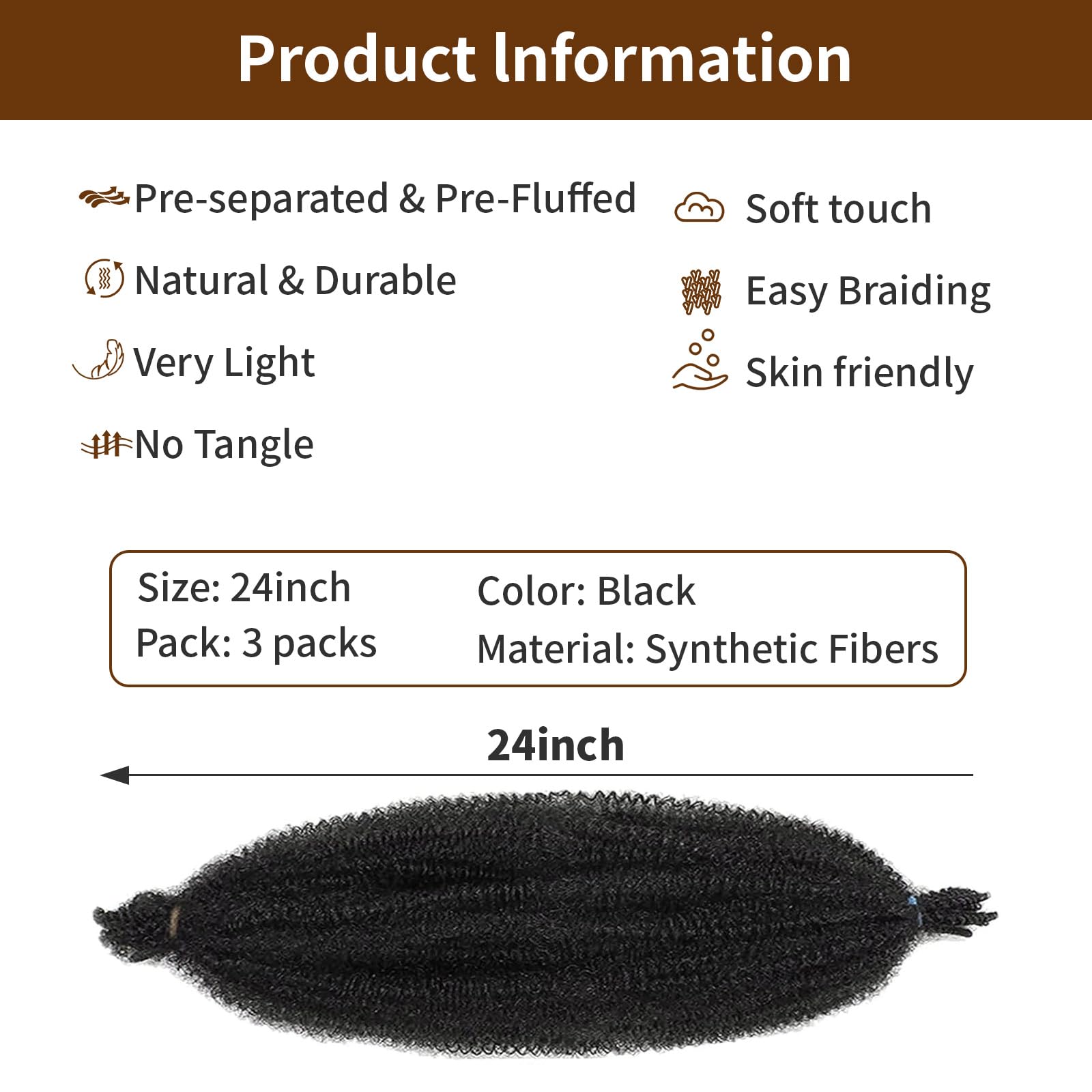 3 Packs 24 Inch Soft Twist Hair for Afro Marley Locs Black Pre-Separated Spring Twist Hair for Locs Crochet Braiding Hair for Curly Marley Braiding Hair Extensions for Women - Image 2