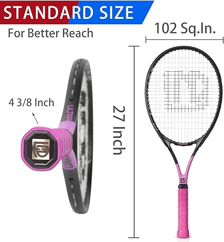 Miniatura 2 de LUNNADE Raqueta de tenis para adultos, paquete de 2 raquetas de tenis duraderas de 27 pulgadas, ligera, preencordada y regrip, adecuada para