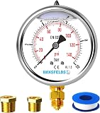 Manometro 0–10 bar/psi, quadrante da 63 mm, attacco inferiore in ottone G1/4" BSP, a riempimento liquido (glicerina), classe di precisione 1.6, incl. 2 riduttori da 3/8" e 1/2". - 1