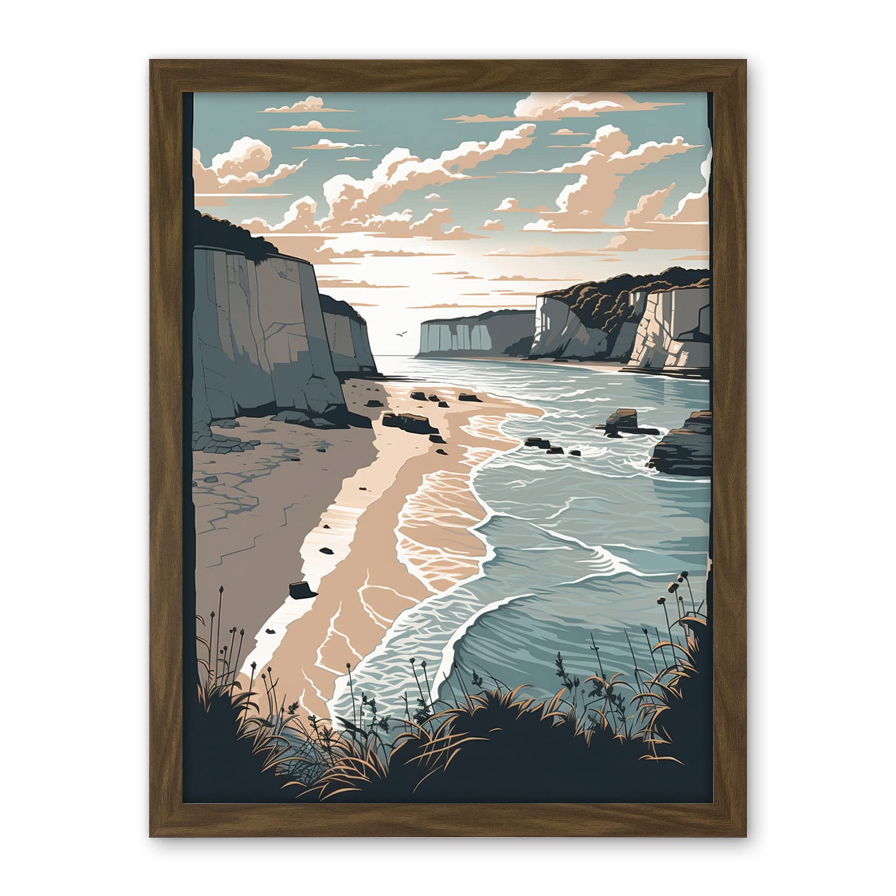 Artery8 Bay with Cliffs Pastel Colour Coastal Landscape Artwork Framed Wall Art Print 18X24 Inch