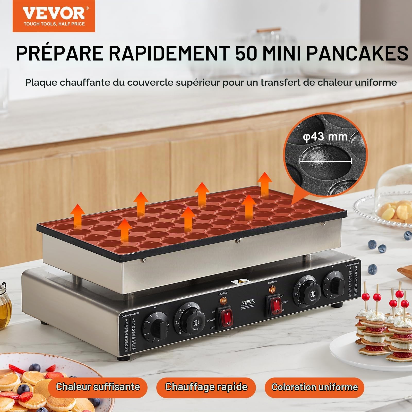 VEVOR Appareil à Pancake 50PCs 1700 W, Crêpière Commerciale 43 mm, Appareil à Poffertjes Dorayaki en Acier Inoxydable Antiadhésif, Température et Temps Réglable, pour Cuisine à Domicile, Restaurant