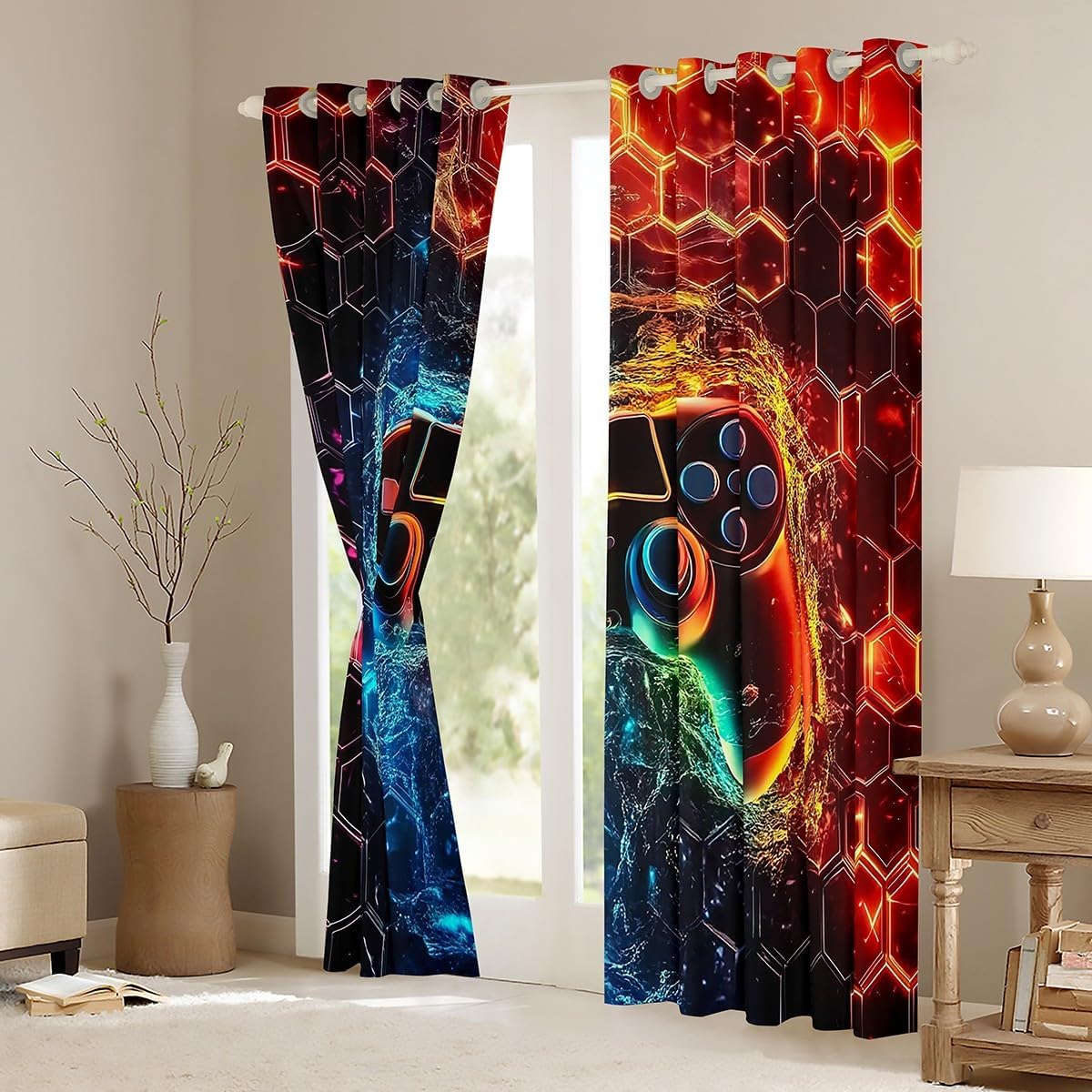 Castle Fairy Gamer Window Curtains,Modern Gaming Game Console Kitchen Window Treatments,Neon Honeycomb Hexagon Blackout Window Drapes for Home Decor, 2 Panels, 42Wx63L inch
