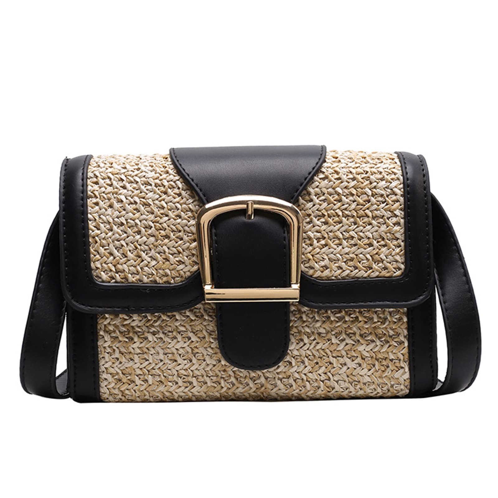 Thaoxl Women's Black Rattan Bags For ,New Version Fashion Stitching Woven Shoulder Bag Small Square Bag Messenger Straw Bag,Summer Beach Bag. (Color : Size : 7.87In*4.72In*3.54In(W))