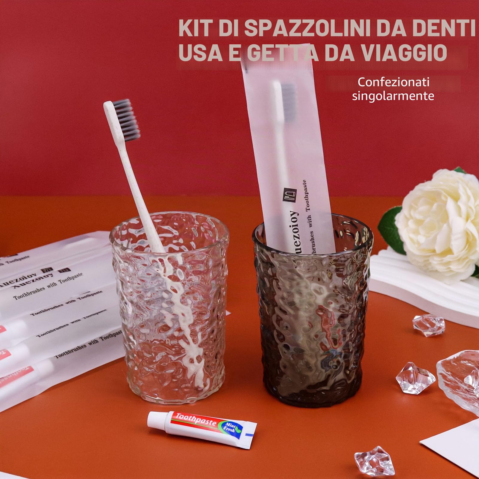 Spazzolini da Denti Monouso,100 Set Albicocca Confezionati Singolarmente Spazzolino da Denti Usa e Getta con Dentifricio Alla Rinfusa per Senzatetto,Casa di Cura,Hotel,Beneficenza,Viaggio