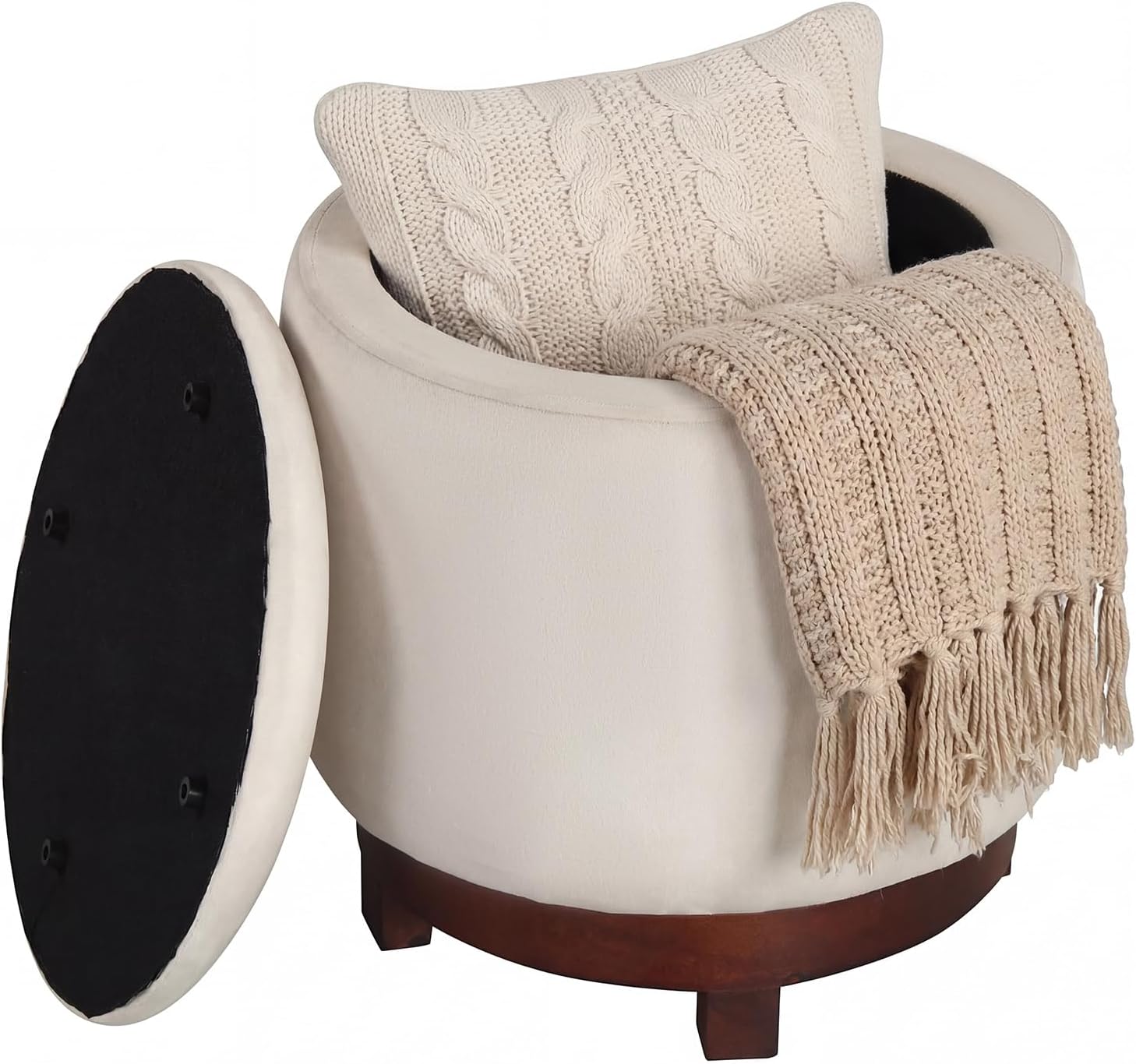 Giantex Round Ottoman with Storage, 360° Swivel Velvet Vanity Stool with Removable Lid, Wood Frame & Legs, Ottoman Foot Rest for Living Room, Bedroom, Makeup Room No Assembly (White & Walnut)