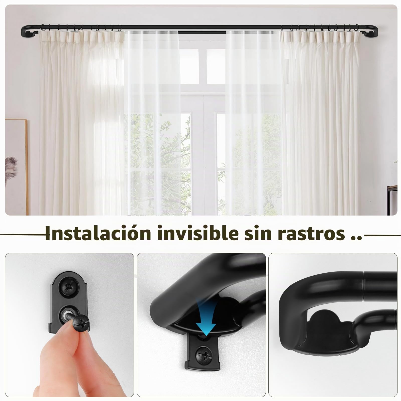 HOTOZON Barra Doble para Cortinas 76-122 cm, Diseño Envolvente y Extensible 19 mm en Negro Opaca, para Dormitorio y Salón