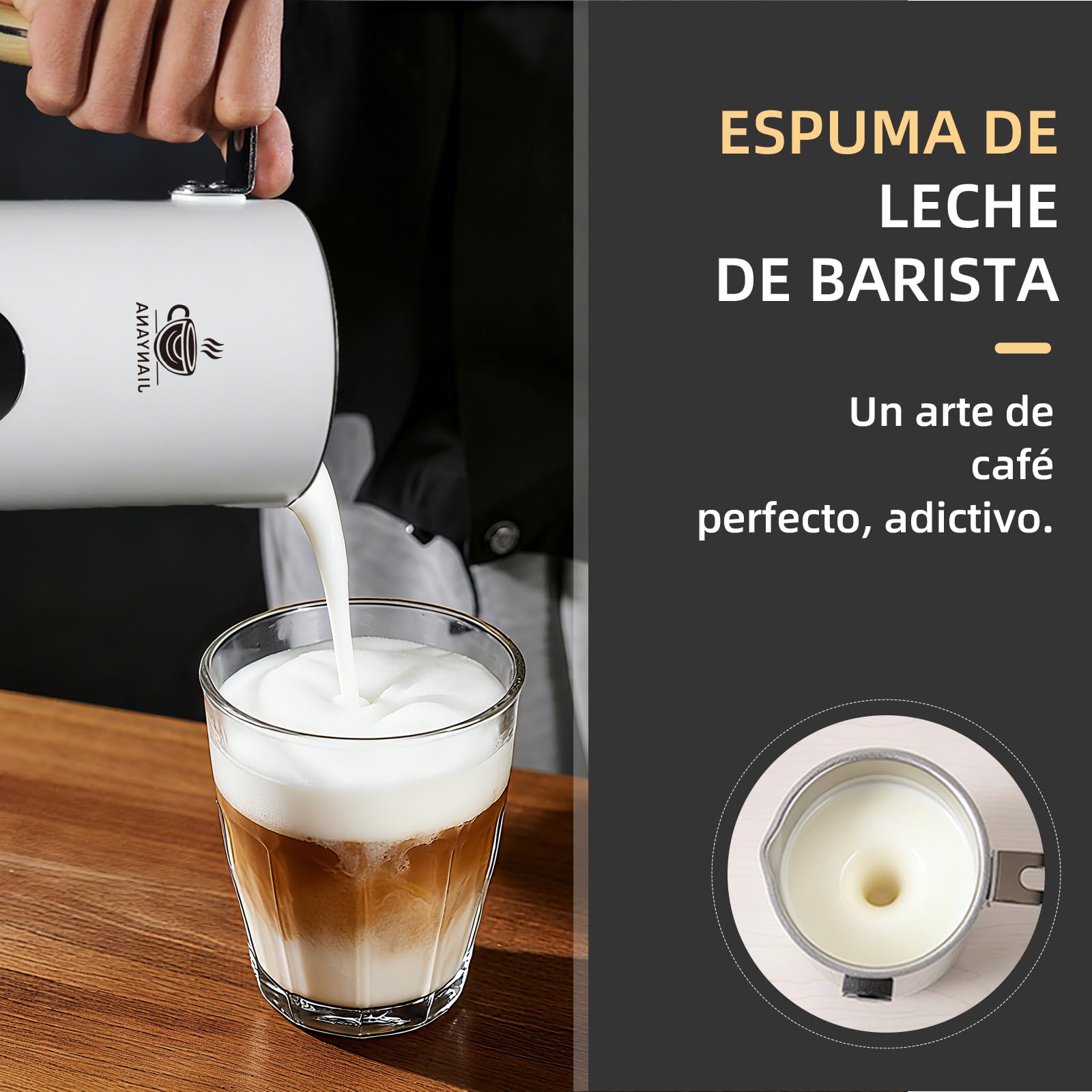 JAINYANA Espumador de Leche Eléctrico 5 en 1 Espuma Caliente y Fría Automática Calentador de Leche,350ML Silencioso Acero Inoxidable,para Latte Capuchino Macchiato y Chocolate Caliente(Blanco)