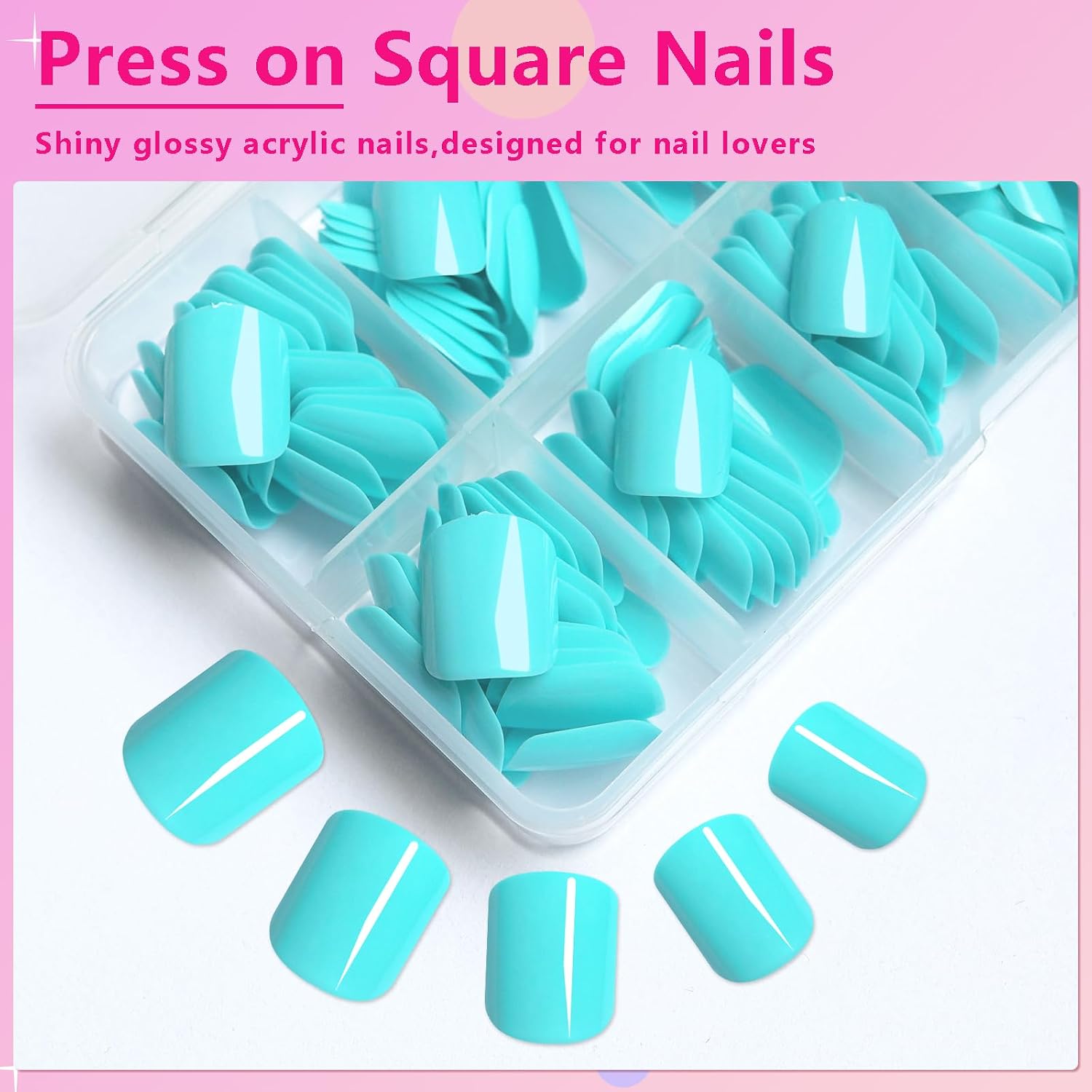 AddFavor Turquoise Press on Nails Short Fake Nails, 240pcs Acrylic Nails Press ons False Nails Short Press on Nails Square Glue on Nail Presson with Adhesive Tab for Women Fingernail Girls image 2