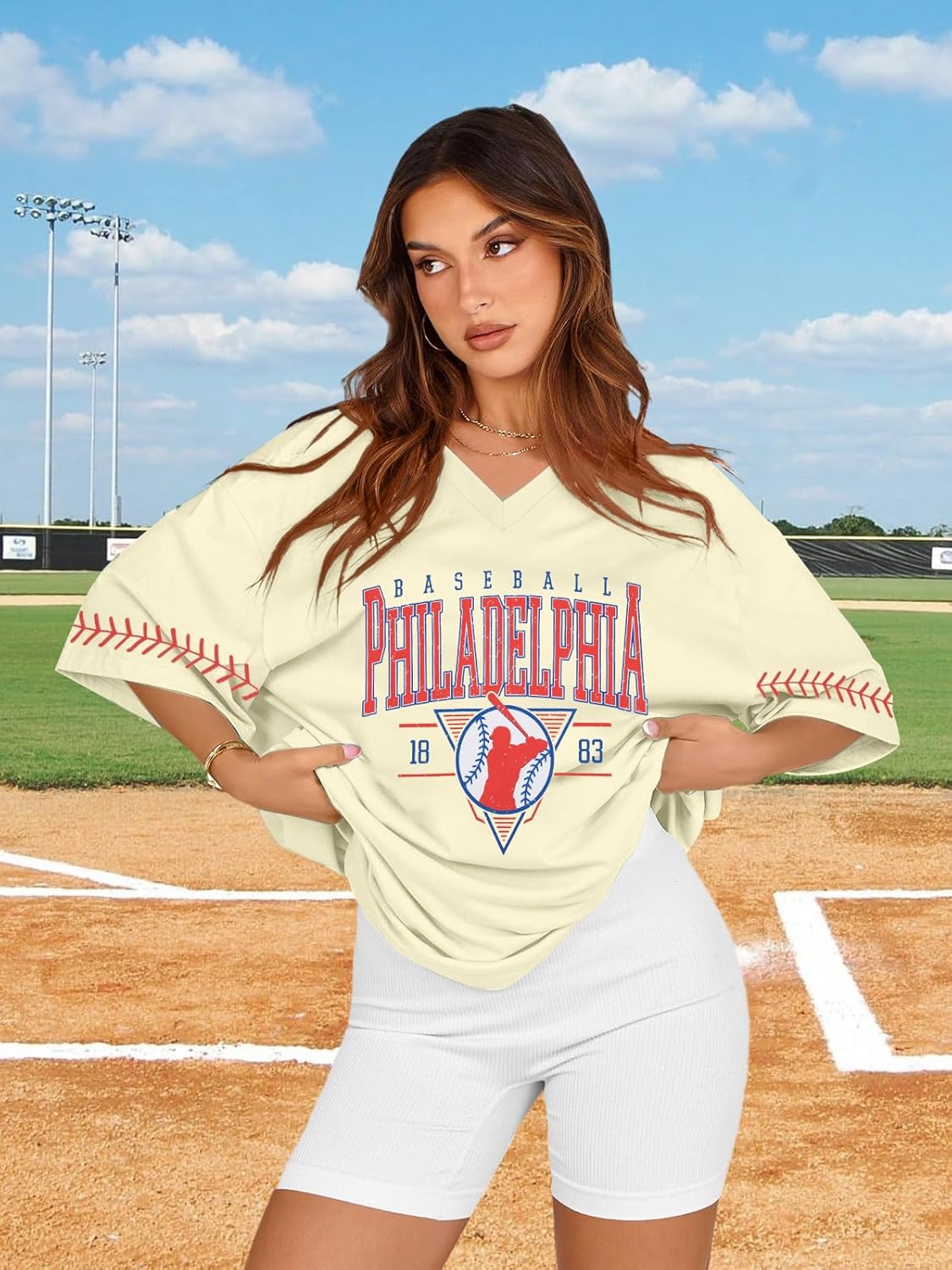 SFHFY Baseball Jersey Women: Oversized Baseball Mom Shirt V Neck Baseball Team Tee Casual Game Day Sport Top - Image 5