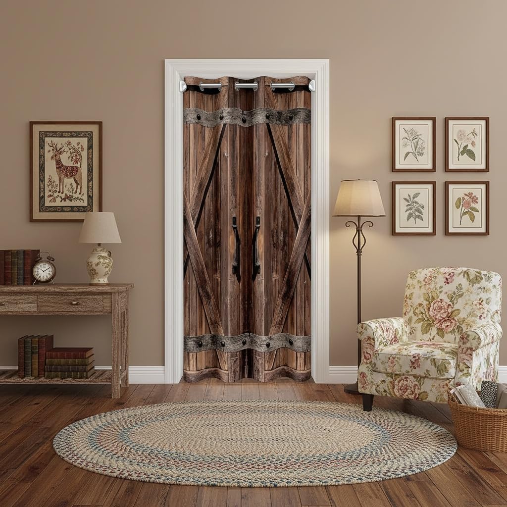 Castle Fairy Vintage Wood Texture Door Curtain 1 Panel,34" W X 80" L,Farmhouse Splicing Wooden Stripes Curtains for Living Room Decor,Western Cowboy Bedroom Decor Blackout Curtain for Temporary Door