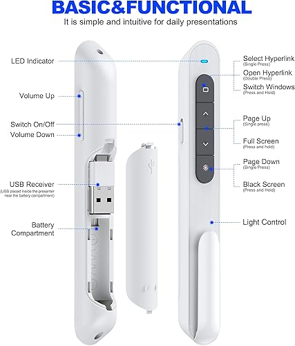 Vista 26 de DinoFire Presentador inalámbrico, Hyperlink Control de Volumen Presentación Clicker RF 2.4GHz USB PowerPoint Clicker Presentación Control Remoto