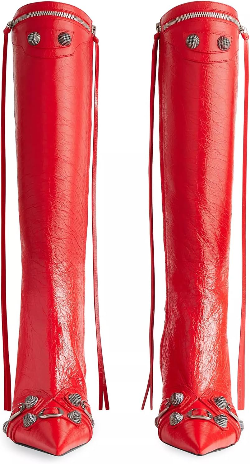 Oiamenne Knee High Boots for Women Fashion Slide Zipper Pointed Toe Stiletto Studded High Heel Rivets Tassel Boots Party Dress Shoes - Image 5