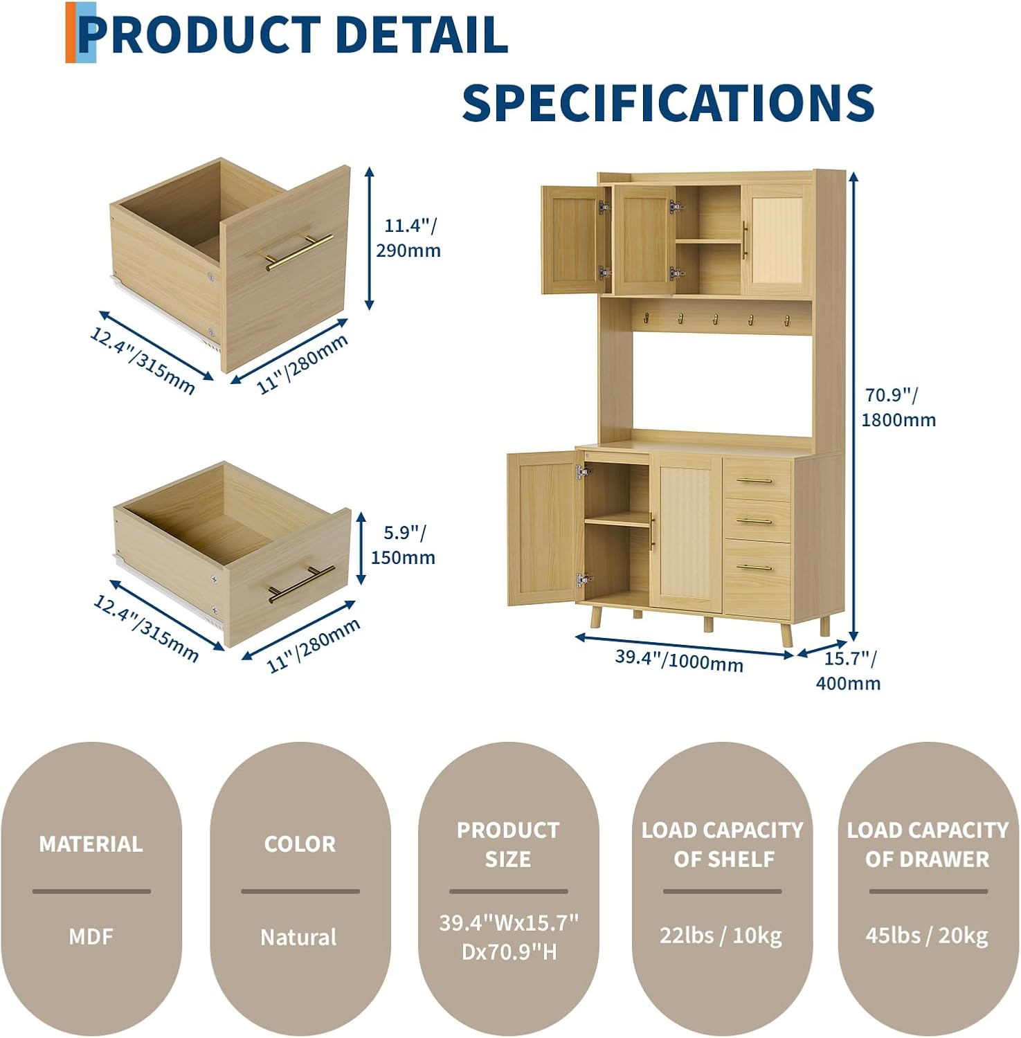 71in Tall Kitchen Pantry Cabinet, Rattan Boho Kitchen Hutch Cupboard Freestanding Storage Cabinet with Microwave Shelf 3 Drawers 6 Hooks for Living Dining Room, Natural
