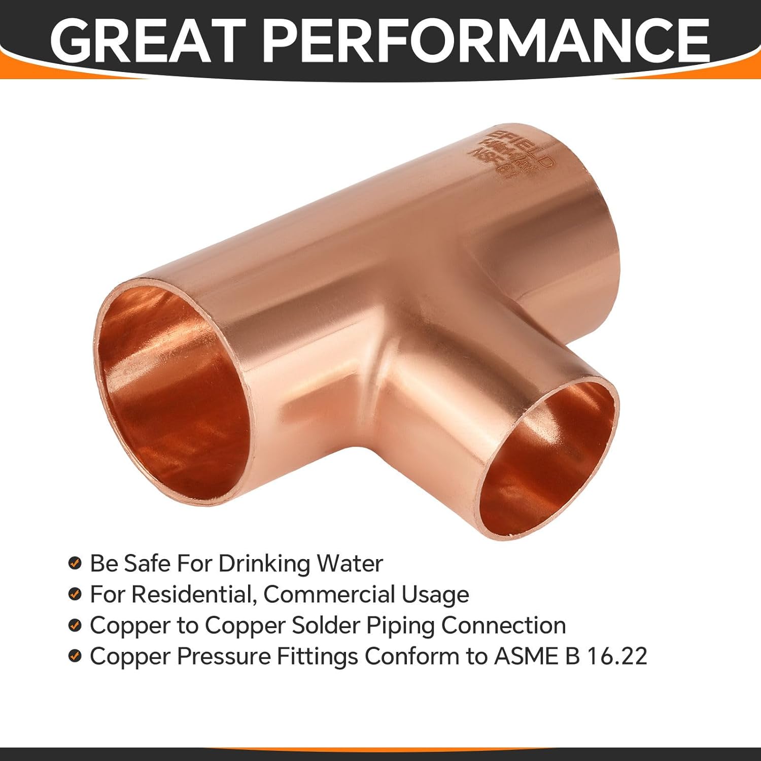 5-Pack HeSun Copper Fittings, 1/2"X1/2"X3/4" Copper Reducing Tee, C x C x C with Sweat Solder Connection