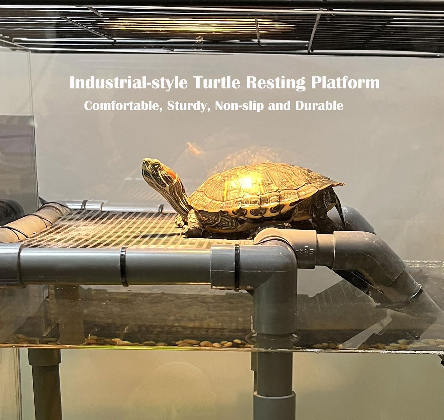 Large Turtle Basking Platform for Aquatic Turtles, Sturdy Standing Turtle Dock with Non-Slip Ramp, Red Ear Slider Tank Accessories for 25/29/40/55 Gal, Gray/Black