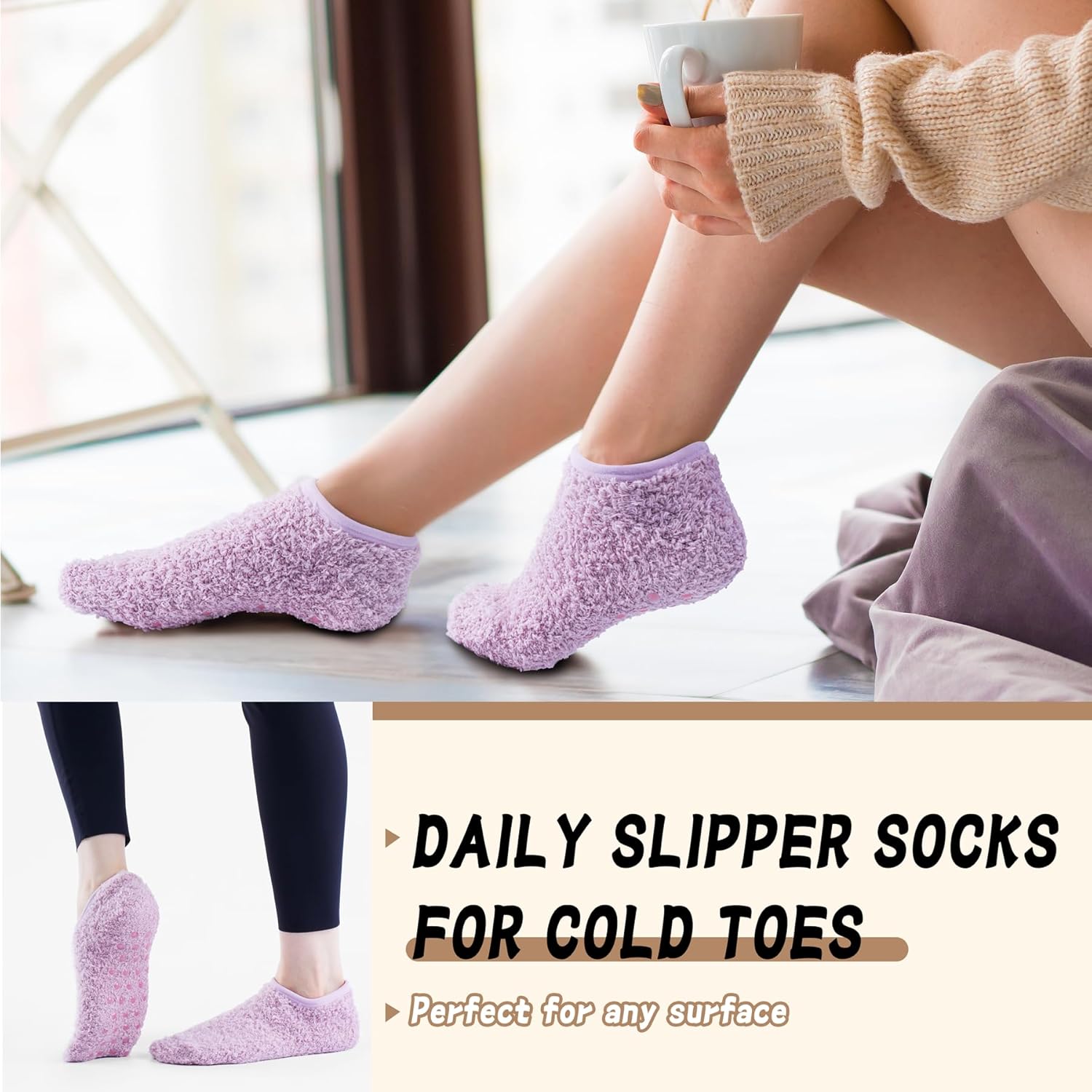 jeuhut Fuzzy Socks with Grips for Women 6 Pairs Non Slip Grippy Footies Slipper Socks for House and Hospital - Image 6
