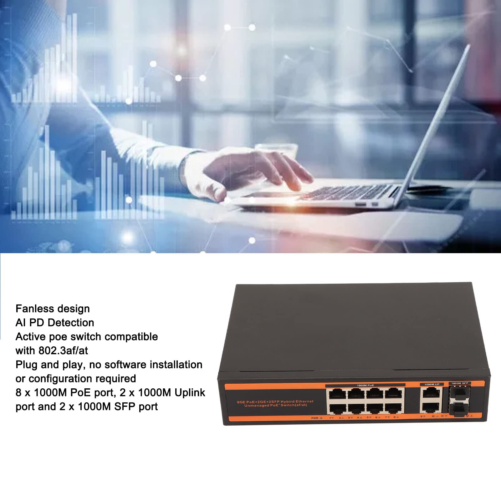 Yunseity Commutateur PoE 10 Ports, 8 Ports Gigabit PoE+, 1 Port Gigabit Uplink et 1 Port SFP, 150 W IEEE802.3af/at, Silencieux sans Ventilateur, commutateur réseau en métal, Non géré, Plug and Play