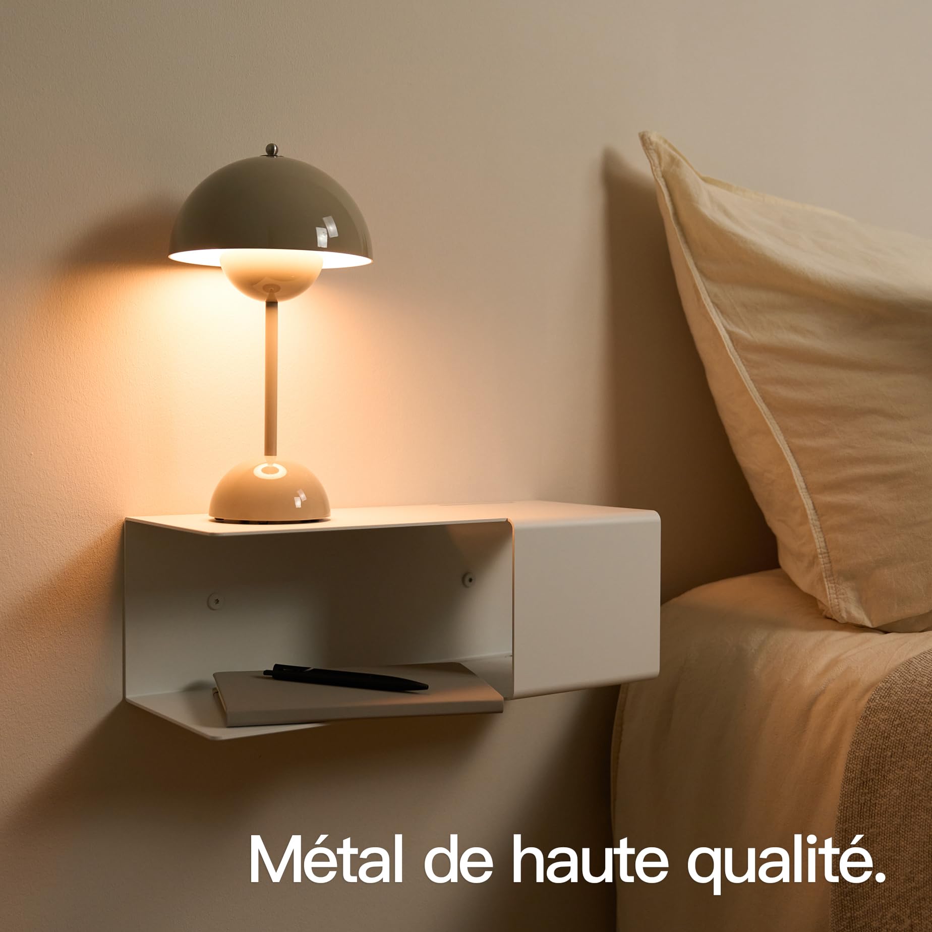 Design Hambourg Table de chevet murale en métal | Blanc | Table de chevet murale avec compartiment caché et passe-câbles | Compacte, moderne et facile à monter