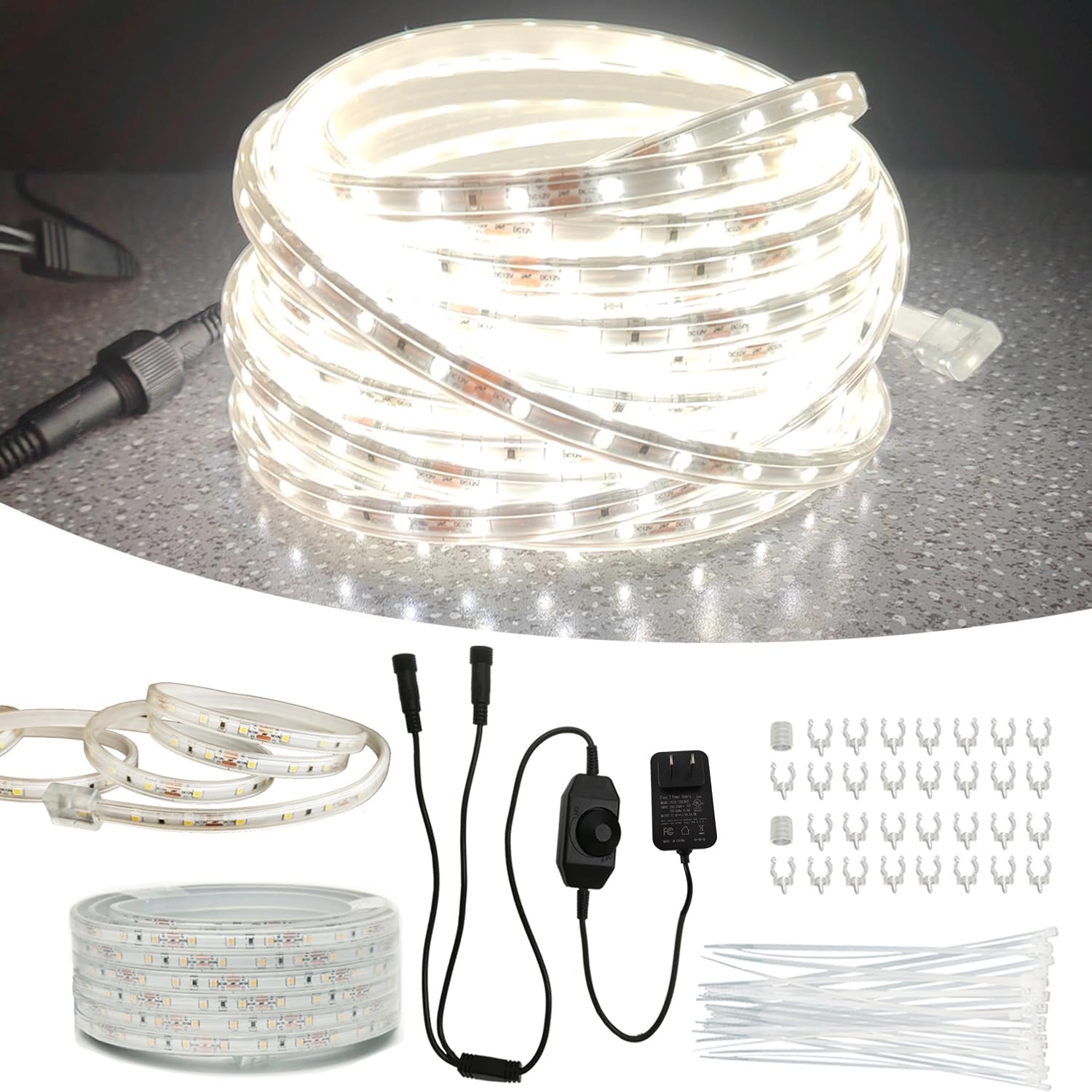 100FT(2 Rolls of 50FT) Flat Rope Lights, Outdoor LED Rope Lighting Waterproof(Not for Dimmer & Adapter), White Strip Light for Bedroom, Dimmable 12V Low Voltage
