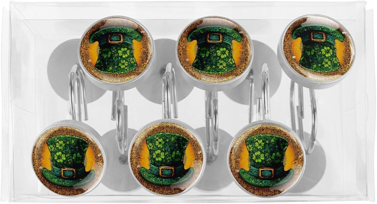 12Pcs St. Patrick's Day Shamrock Hat Shower Curtain Hooks for Bathroom, Round Home Decorative Shower Curtain Rings, Modern Shower Curtain Hangers Bathroom Accessories