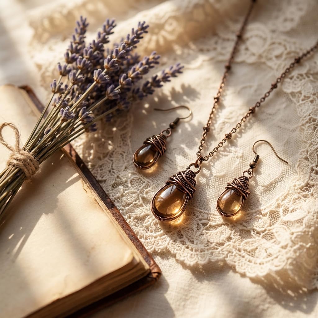 Bohemian Brown Amber Teardrop Necklace & Earrings Set Gift