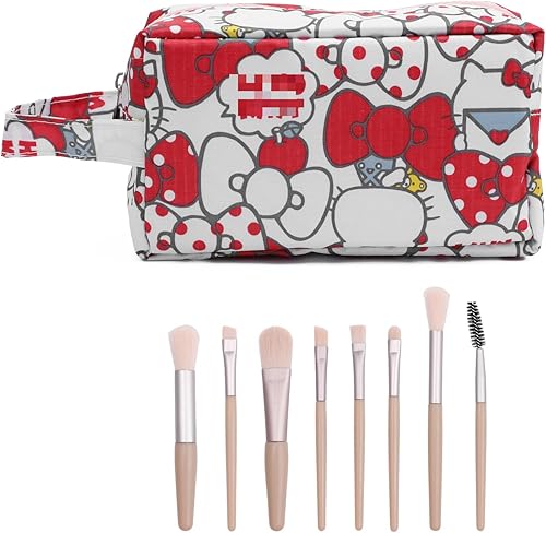 Bolsa de maquillaje de gatito de dibujos animados con cepillo de maquillaje, estuche de cosméticos de puntada de felpa, 8 piezas, bolsa de capacidad