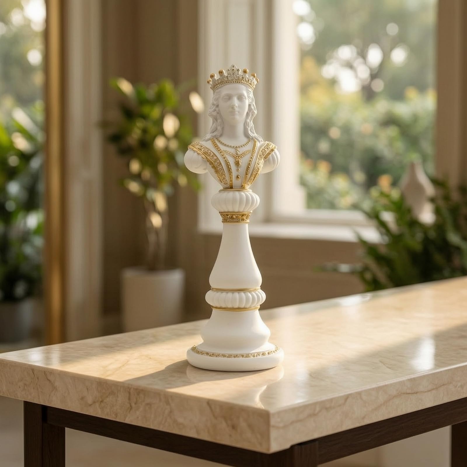 Statua Scacchi Re Bustino Scultura Decorativa Oggetto d'Arredo Resina con Texture Stratificate Barbutta Adatta per Scrivania Studio Salotto Esposizione, Bianco, Stile Europeo