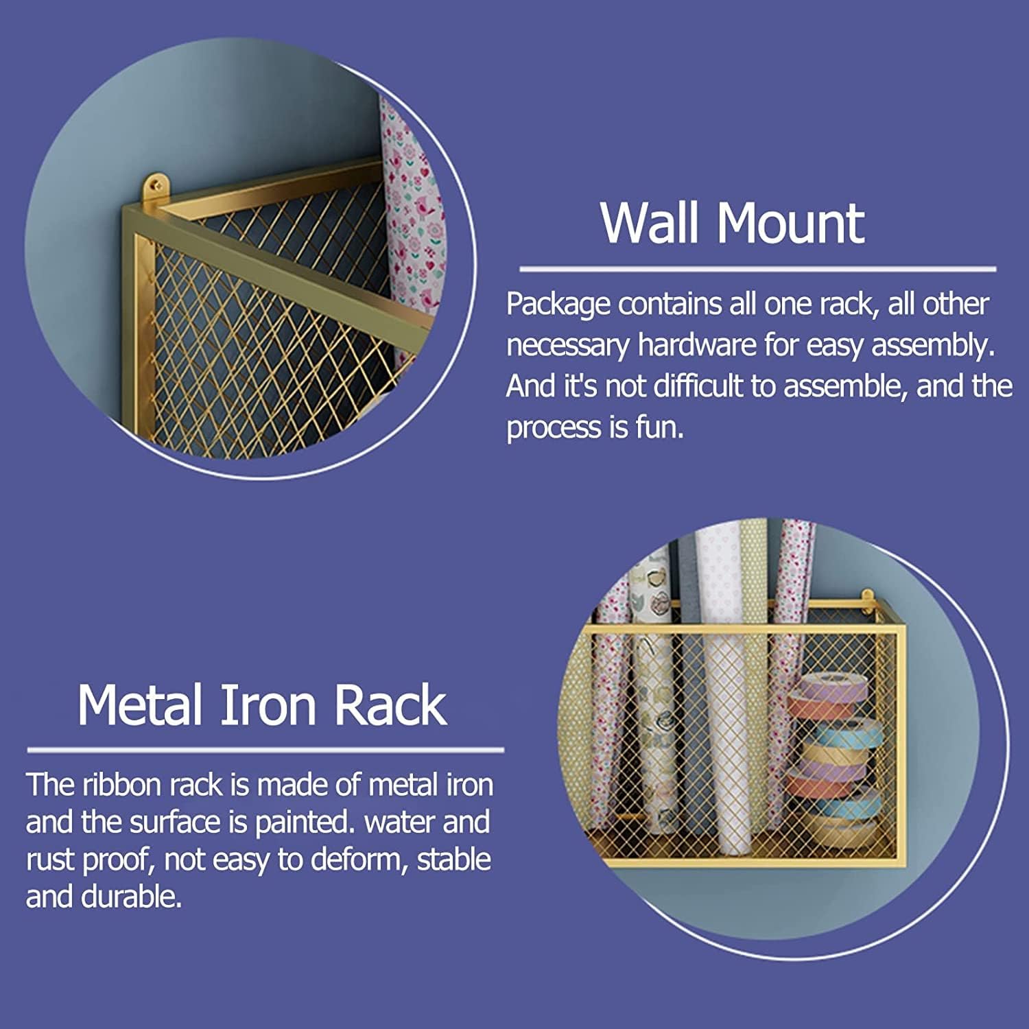 Ribbon Storage Organizers Rack Ribbon Organizer Wall Mount Set of 2, Rolls Gift Wrapping Paper Holder Storage with Removable Rod, for Craft Room/Small Space/Retail Store/Cake Shop (Color
