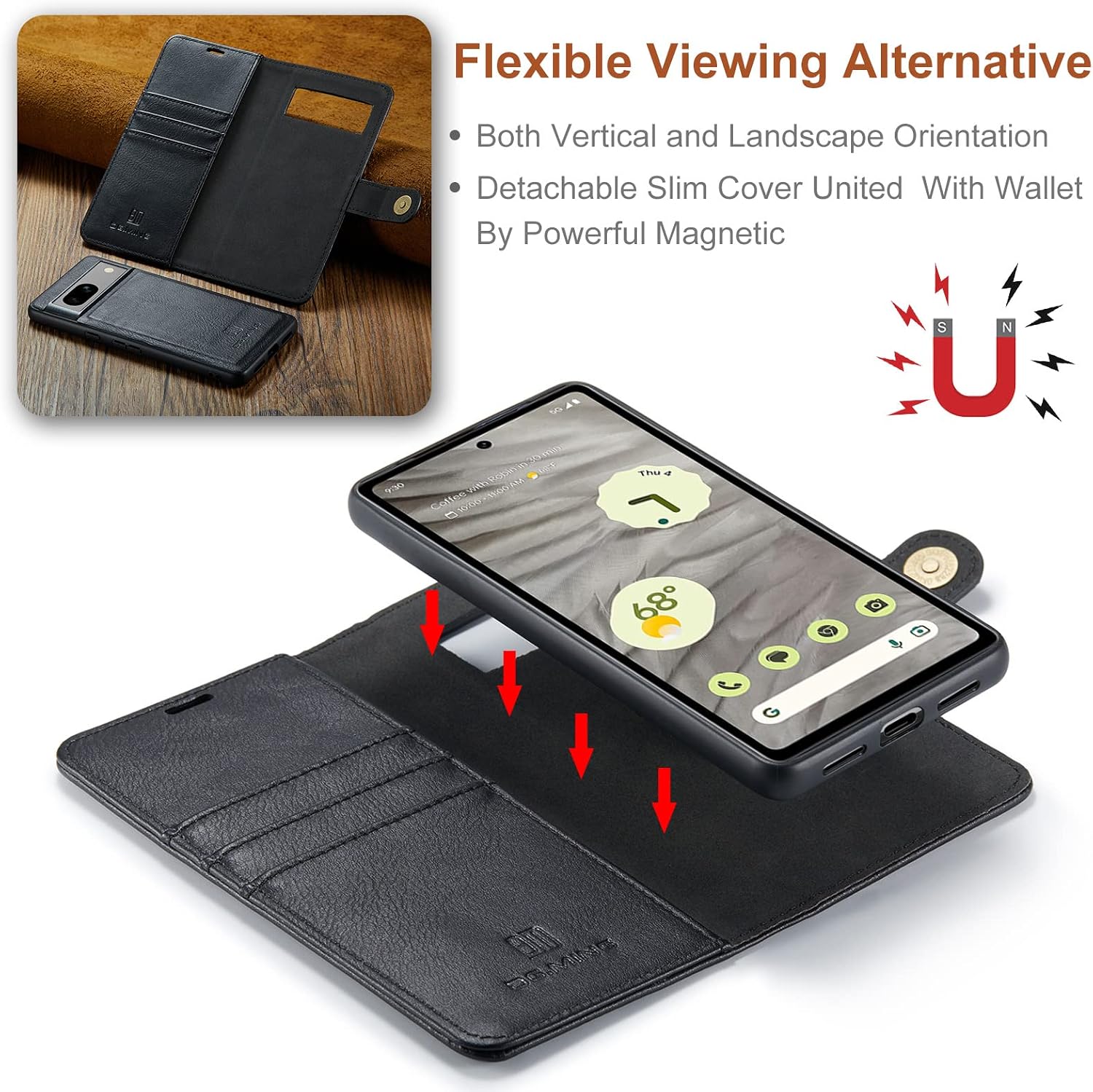 Detachable 2 in 1 Split Magnetic Flip Folio Wallet Case Compatible with Google Pixel 7A Genuine Leather Phone Case with 3 Card Holder Slots Kickstand Shockproof Cover(Black)