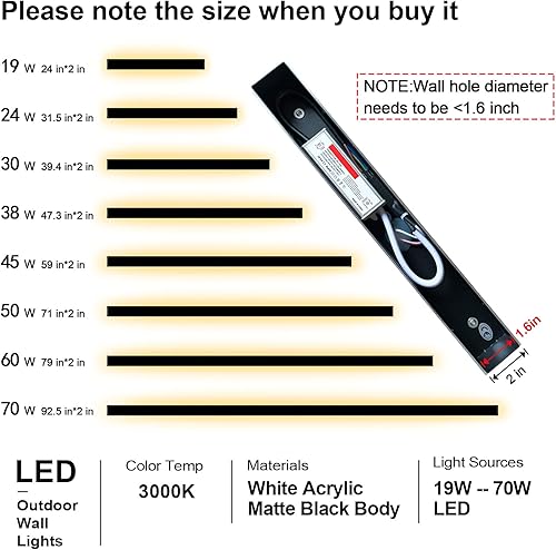 Miniatura 2 de Paquete de 2 luces de pared para exteriores de 39 pulgadas, accesorios de pared LED negros para montaje en pared, modernas luces de porche, lámpara