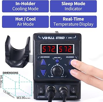 YIHUA 8786D I 2 in 1 Hot Air Rework and Soldering Iron Station with 10 Solder Iron Tips, 4 Hot Air Nozzles, F /C, Cool/Hot Air Conversion and Sleep Function