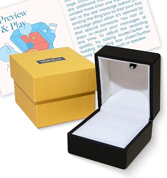 صندوق خاتم VOICEGIFT صندوق خاتم قابل للتسجيل مع ضوء LED، مسجل صوت مدته 60 ثانية، صندوق هدايا مجوهرات مخملية للعرض والخطوبة والتذكار | أسود