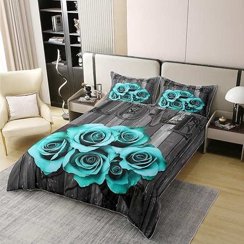 Miniatura 2 de Juego de funda de edredón de 100 % algodón, color gris turquesa, diseño de rosas y flores, para niñas y mujeres, día de San Valentín, boda, regalo