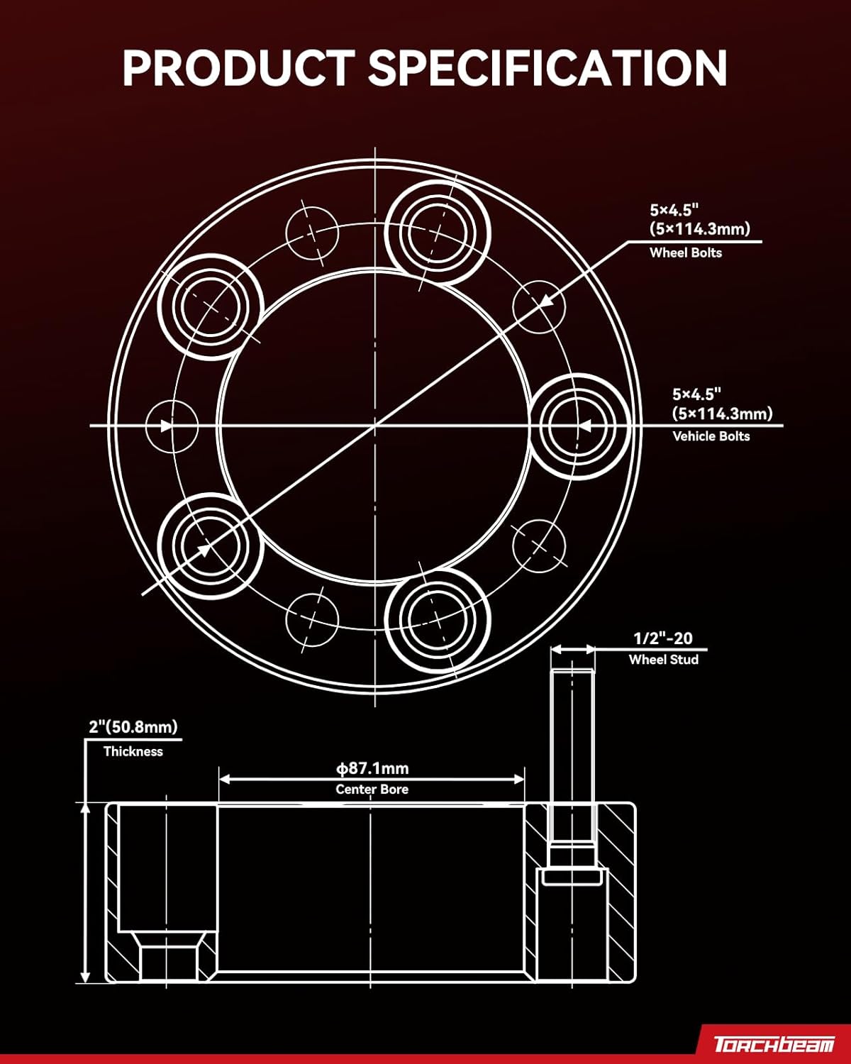 Torchbeam 5x4.5 Wheel Spacers 2" for 1991-1994 2006-2019 Explorer, 1987-1995 1997-2006 Wrangler, 1994-2004 2010-2014 Mustang, 2011-2014 Edge, 2002-2005 Liberty 3.7L, 87.1mm Hub Bore & with 1/2" x20