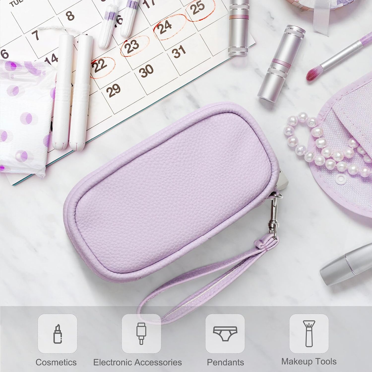Portable Tampon Storage Bag,Tampon Holder for Purse, Small Organizer Bag with Handle, PU Period Pouch, Small Case for Feminine Products with Zipper Period Bags for Women image 5