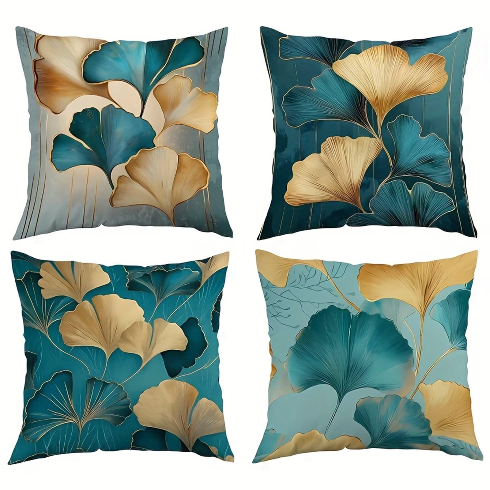 QiHon Green Ginkgo Leaves Cushion Covers 45x45 cm Set of 4, Decorative Throw Pillow Cases, 18x18 inch Square Linen Pillowcases for Sofa Living Room Bedroo