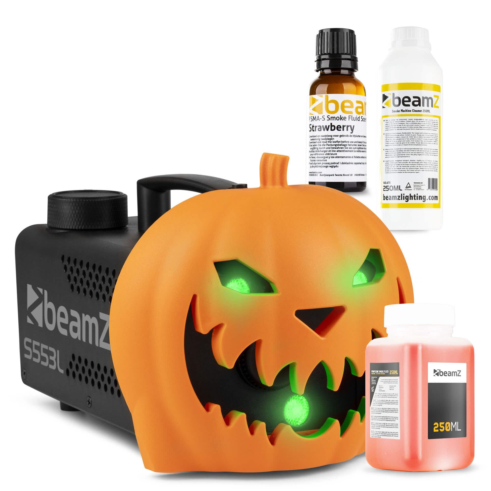 BeamZ S553L Nebelmaschine Halloween Deko mit LED Kürbis Kopf, 550 Watt Rauchmaschine mit Erdbeer Fluid und Reinigungsflüssigkeit, 2-in-1 mit Halloween Kürbis Deko 16 Farben, Soundeffekt