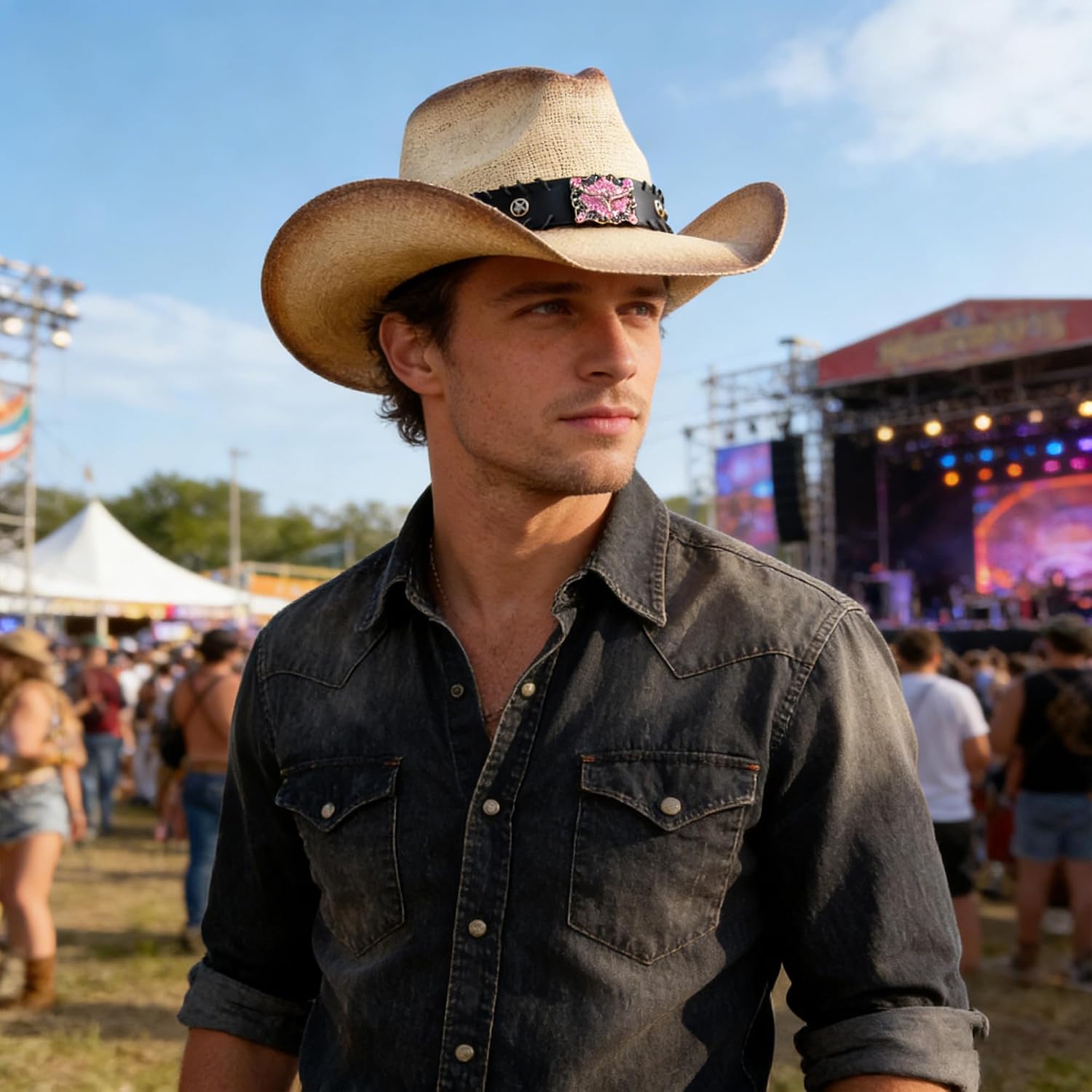 Carnavalife Straw Cowboy Hat for Men and Women, Western Hat with Studded Band and Bull Buckle for Rodeos and Concerts