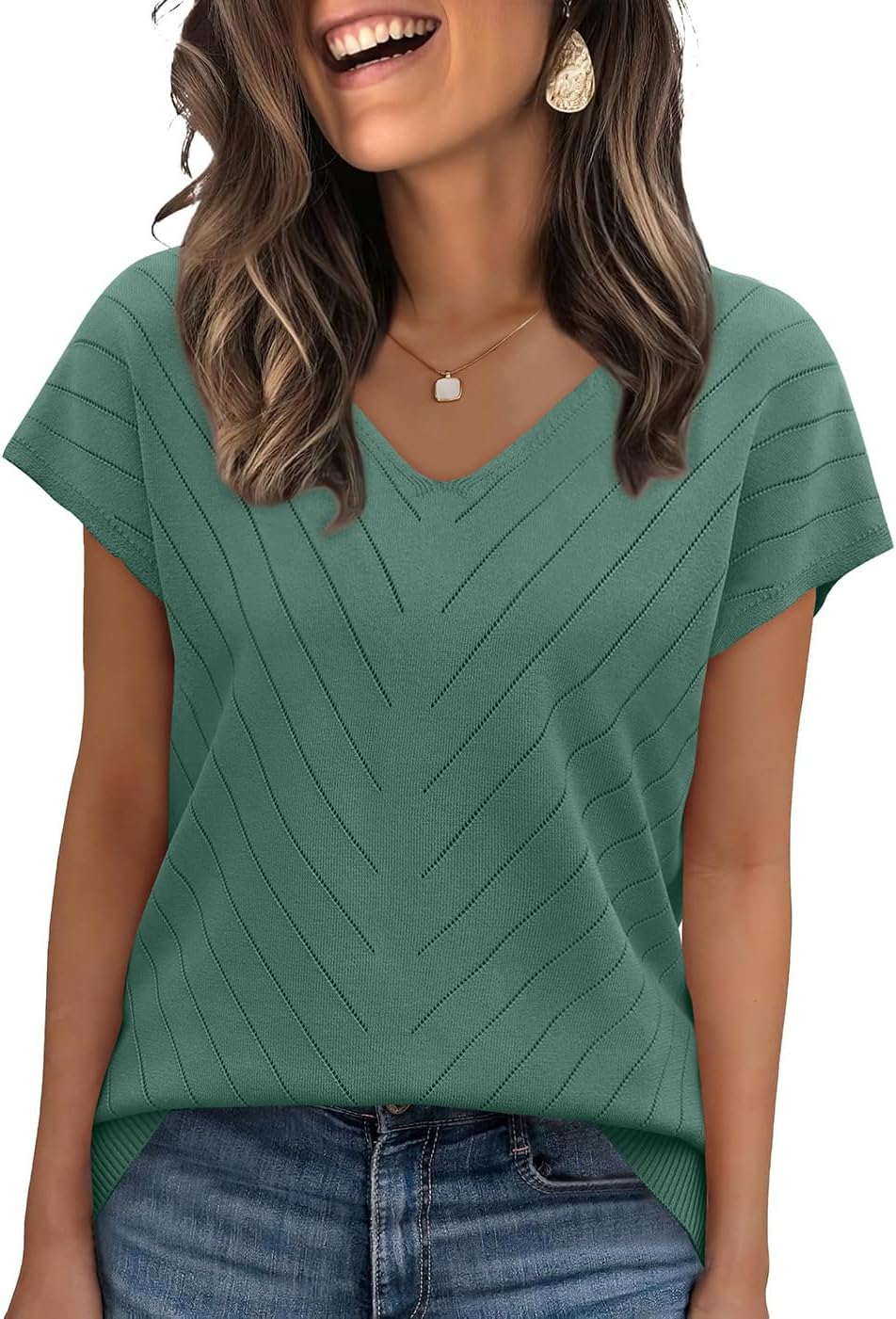 OFEEFAN Womens Sweaters Short Sleeve V Neck Summer Tops Trendy Fashion Business Casual Outfits Dressy Clothes