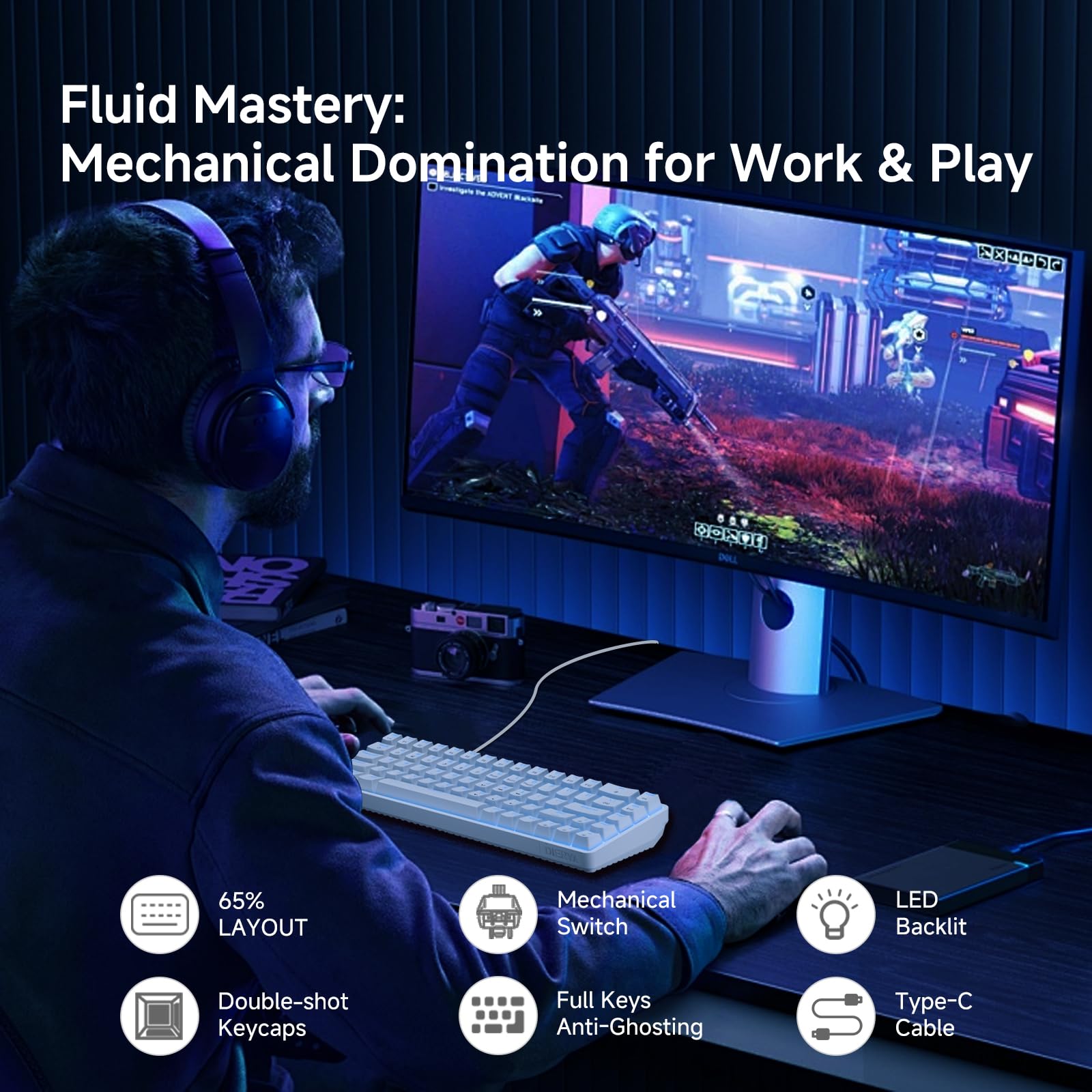 Dierya×TMKB Tastiera Gaming Meccanica 60% con Interruttori Meccanici Lineari,T68se Keyboard Gioco Luce monocromatica Type-C Mini Compact 68 Tasti Anti-Ghosting（Layout US,QWERTY）