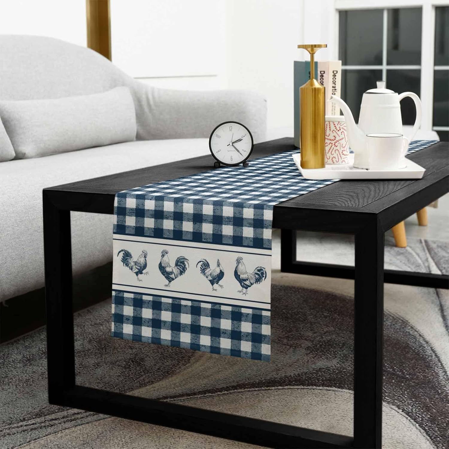 Farmhouse Rooster Table Runner - 72 Inch Long Rustic Farm Animals Blue White Plaid Cotton and Linen Blended Dress Scarves Farmhouse Table Runner for Kitchen Dining, Coffee Table, 18" x 72"