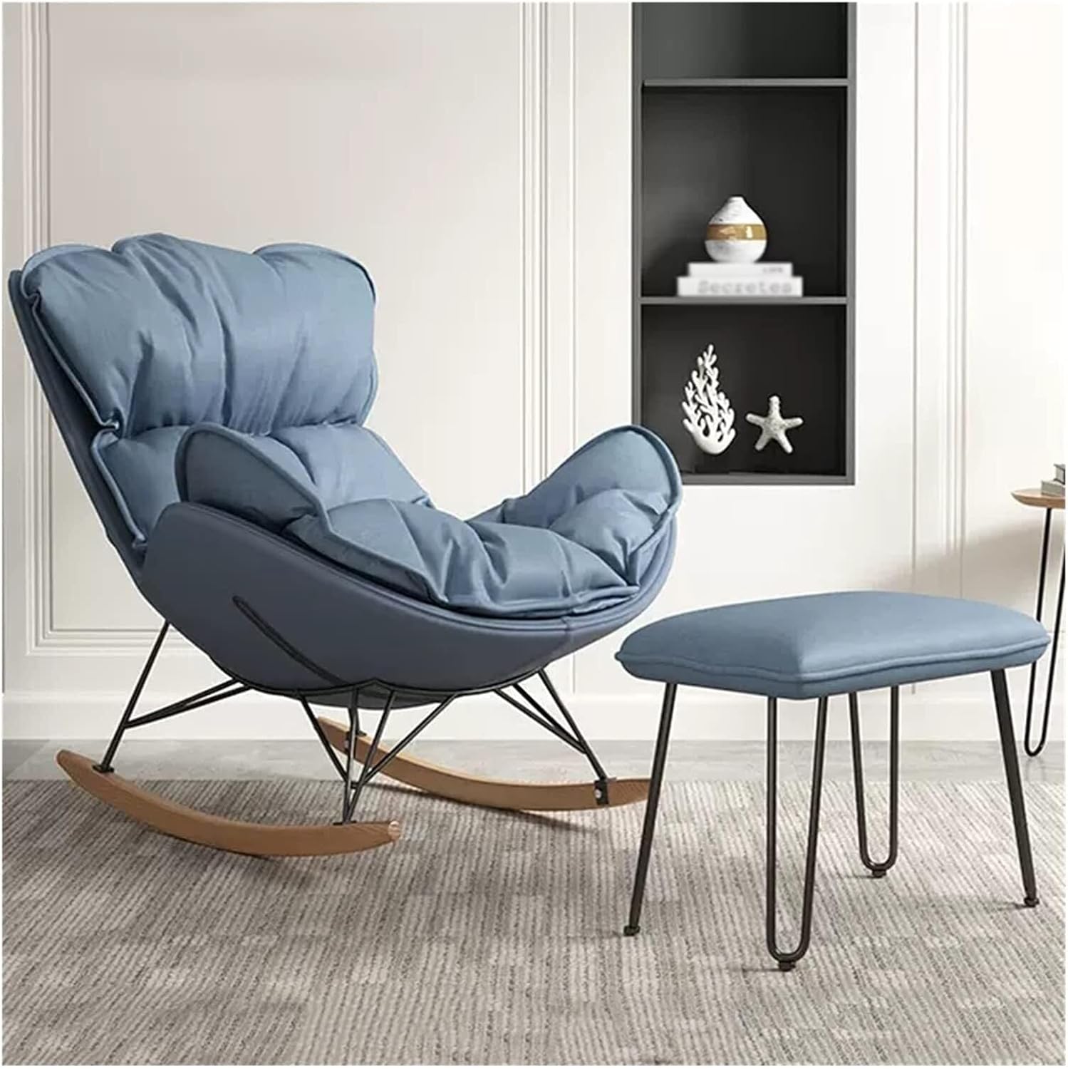 Patio Leisure Rocking Chairs，Modern Living Room Rocking Chair with Foot Stool,Upholstered Glider Recliner Chair with High Backrest,Rocker Accent Armchair with Solid Wood Legs(Blue)