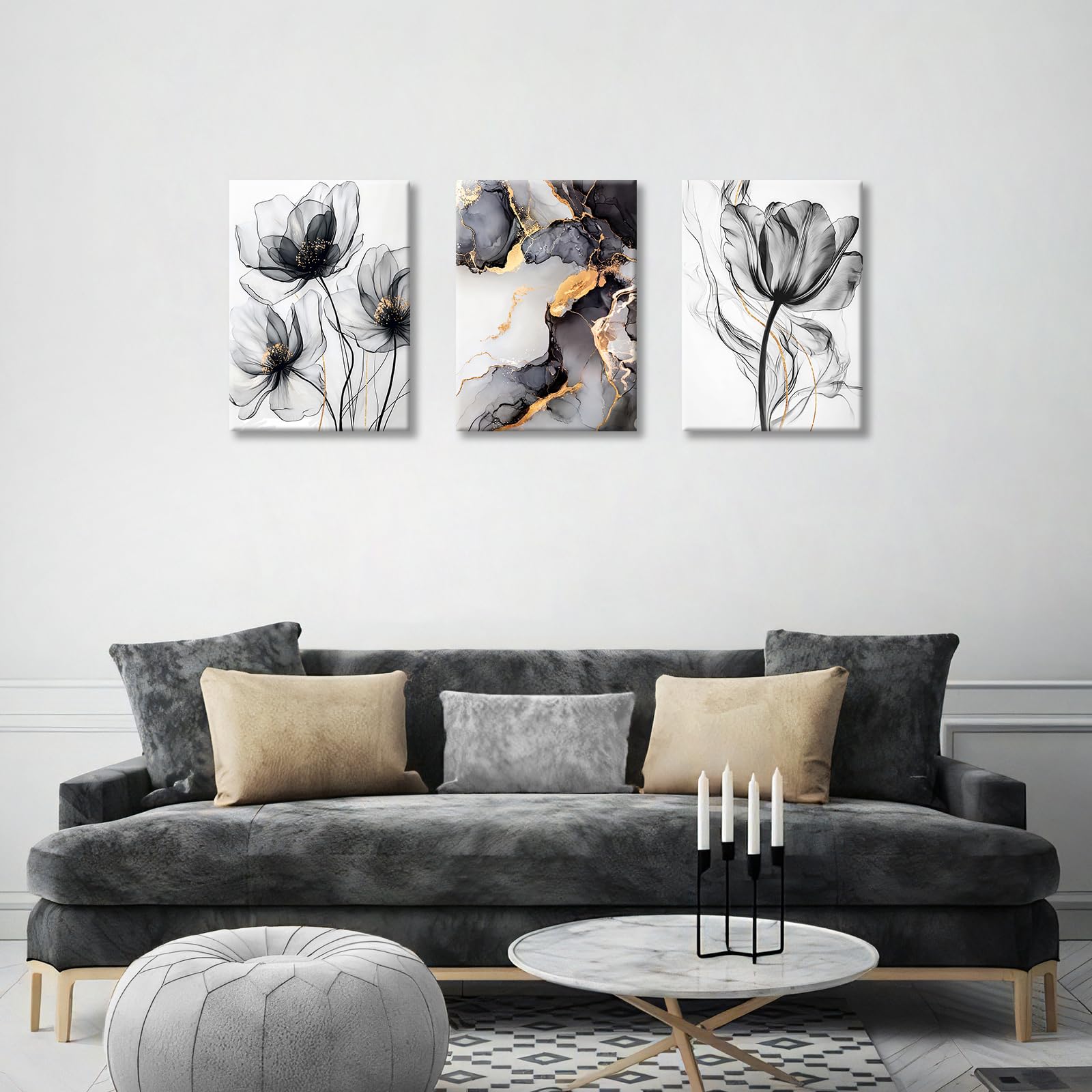 3 Pcs Wooden Framed Canvas Wall Art Canvas Prints Watercolour Poppy Flowers Painting Marble Black Ash Gold Abstract Pictures for Living Room Bedroom Bathroom Home Wall Decoration 40x60 cm x3pcs - Image 3