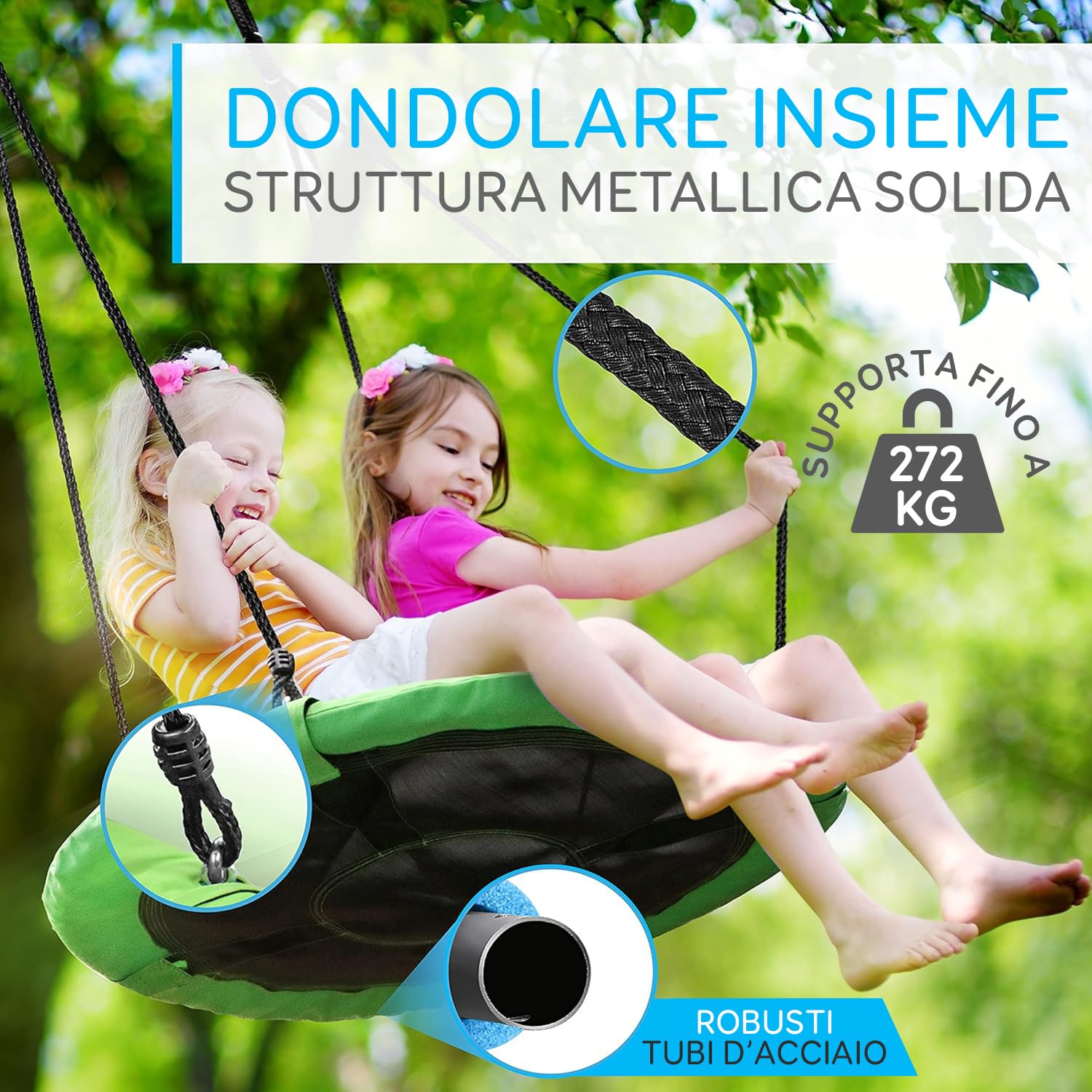 SereneLife Altalena da Giardino per Bambini Rotonda 102 cm con Kit di Fissaggio, Corde Regolabili e Altalena Girevole Centrale per Uso Esterno